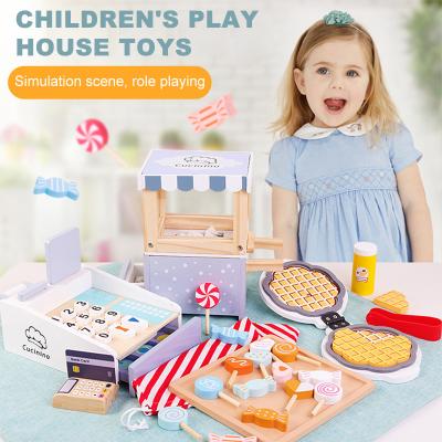 China Educational Children's Kitchen Candy Wooden Popcorn Vending Baking Cashier Toys Sets Waffle Simulation Pretend Role Play Educational Children for sale