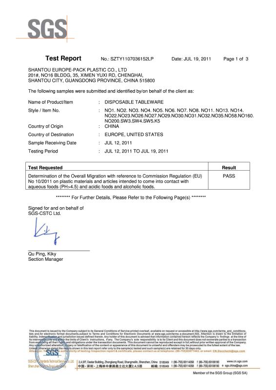 EU No 10/2011 Food Grade Plastic - Shantou Europe-pack Plastic Co.Ltd