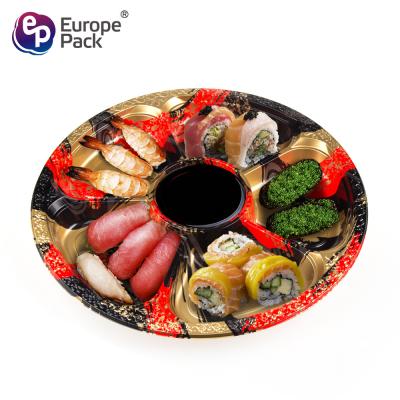 China 5 compartments round shape disposable colorful plastic food tray with lid Te koop