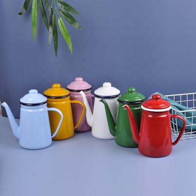 China Viable Thick Enamel Coffee Mug Teapot Set With Lid Classic Fashionable Kitchen Steel Custom Logo Printed Enamel 1L Coffee Kettle for sale