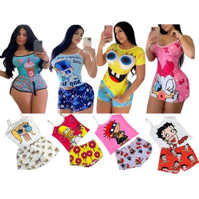 China YIWU XINYU 30%off Summer Autumn 2021 Custom Short Two Piece Cartoon Tank Top Sleep Wear QUICK DRY Women's Cotton Pajama Set for sale