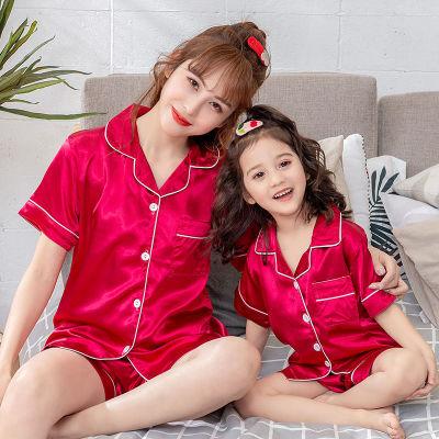 China Custom QUICK DRY XINYU Logo Mommy and Me Nightgowns Short Sleeve T-shirt Family Parent-Child Gear Satin Pajamas for sale