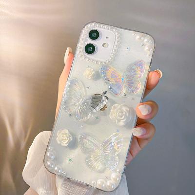 China New Anti-fall 3D Glitter Pretty Butterfly Transparent Phone Case For iPhone 11 12 13 Pro Max X XR XS 7 8 Plus for sale