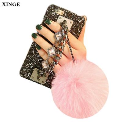 China Fur Ball Ladies Mobile Cell Phone Cover Back Case With Diamonds For Iphone 6 7 8 for sale