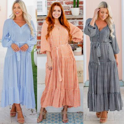 China Viable Women Sheath Long Check Plaid Dresses Along Maxi Dresses Lantern Sleeve Lacing Casual Loose Sundress Vestidos for sale