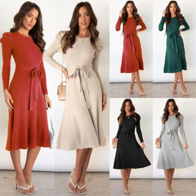 China Autumn Winter Knitted Women Dress Breathable Long Sleeve Sweater Dress Sashes A-Line Elegant Long Sleeve Pullover Dress for sale