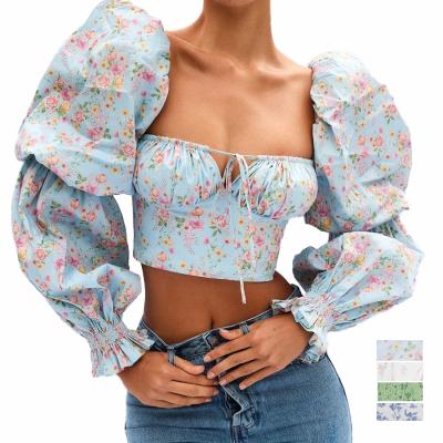 China New Breathable Spring Summer Blouse 2021 Sustainable Women Fashion French White Romantic Floral Sleeve Crop Top Women for sale