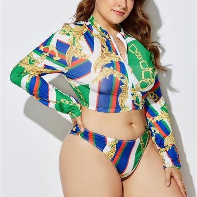 China 2021 New Plus Size 4xl 5xl Women Plus Size Swimwear 3 Piece Swimsuit Leopard Print Long Sleeve Swimwear for sale