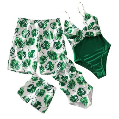 China 2021 Mommy and Me Tropical Factory Wholesale Printing Breathable One Piece Swim Trunks Girls Boys Men Mother and Daughter Ruffle Swimwear 4pcs for sale