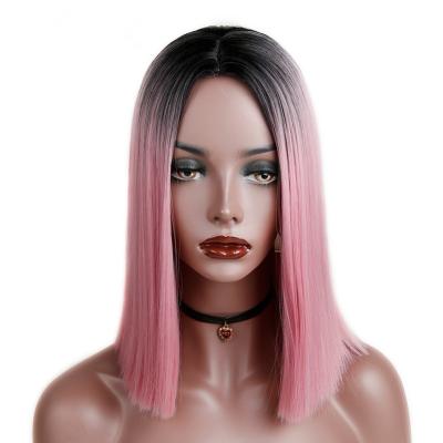 China Ombre Pink/Grey Short Straight Heat Resistant Blonde Synthetic Hair Wig for Black/White Women Cosplay or Party Bob Wigs Average Size for sale