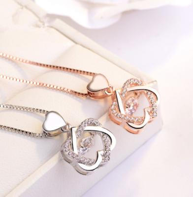 China 2022 Hot Selling Valentine's Day Jewelry S925 Sterling Silver Zircon Double Heart Necklace Gold Pendant Wedding For Women for sale