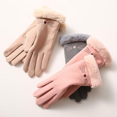 China Women Windproof Dobby Heated Full Finger Touch Screen Fleece Rabbit Fur Riding Gloves Warm Finger Thicker Cute Elastic Gloves Long for sale