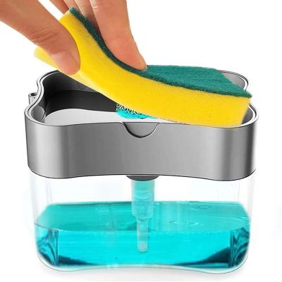 China Durable 2-in-1 Automatic Sponge Holder Soap Pump Dispenser Box Bowl Brush Scrubber Pad Detergent Dispenser for sale