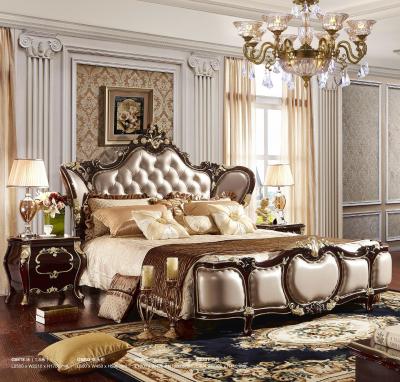 China Luxury European Style High End Glossy Brown Color Lacquered Bedroom Furniture Set Royal Bedroom King Size Carved Double Bed for sale