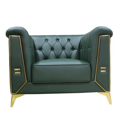 China Stainless Steel Tufted Gold Frame Chesterfield Style European Industrial Living Room Valence Leather Sofa for sale