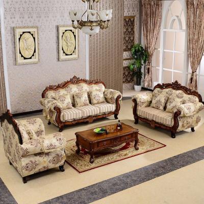 China European style classic luxury wooden carved sofa set wood carving living room Chesterfield cheap fabric sofa set 123 for sale