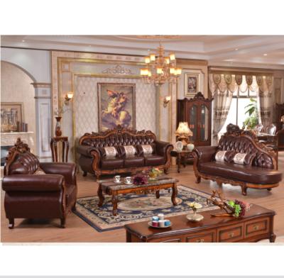 China European-style classic luxury wood carved sofa set American style living room Chesterfield wood carving genuine leather sofa set for sale