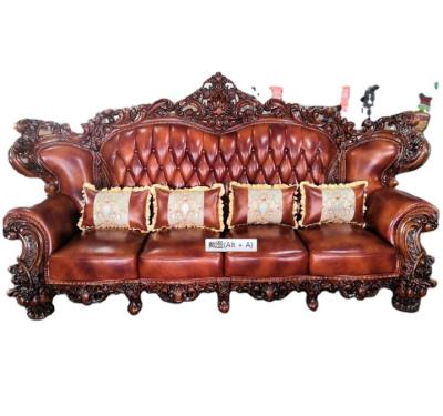 China European royal luxury villa living room furniture living room style solid wood gold carved sofa set 123 empire wood genuine leather for sale