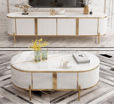 China Modern Light Luxury Oval Shape Curved Modern Italy TV Cabinet and Coffee Table Sets Metal and Marble Top Wood Coffee Table for sale