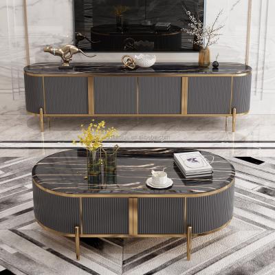 China Contemporary Oval Shape Curved Modern Italy Style Marble Top Coffee Table Sets Stainless Steel Leg Marble Wood Coffee Table for sale