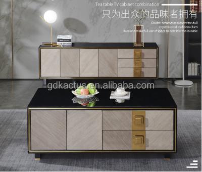 China Modern Light Luxury Black Color Modern Table Sets Stainless Steel Glass Top Legs Wood Coffee Table and TV Cabinet Set for sale