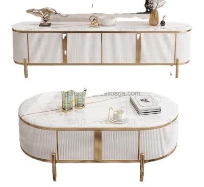 China Modern Light Luxury Oval Shape Curved Modern Italy TV Cabinet and Coffee Table Sets Stainless Steel Leg Marble Top Wood Coffee Table for sale