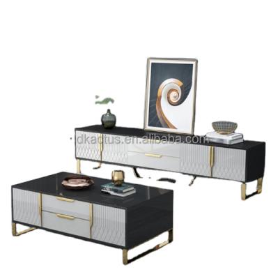 China Modern Contemporary Living Room Italy TV Cabinet and Coffee Table Sets Metal and White Glass Top Chandelier Coffee Table Center Table Set for sale