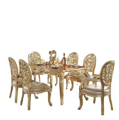 China EUROPEAN Classic Gold Color Wooden Dining Table Set 6 Lounge Chairs European Style Luxury Dining Tables for sale