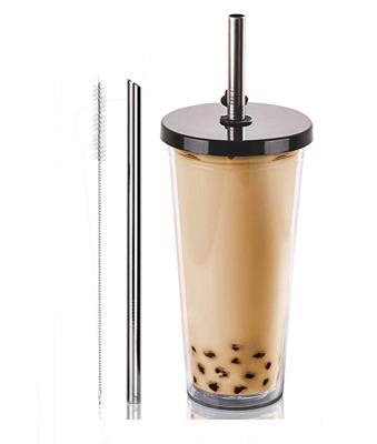 China Viable custom logo reusable double wall 16oz plastic boba tea cup tumbler with straw for sale