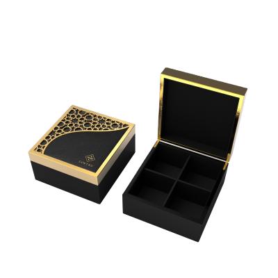 China Handmade luxury wooden cut laser engraving gold foil tea box with velvet PU lining small dividers compartments dividers for sale