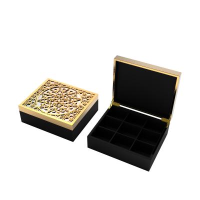 China Handmade luxury wooden cut laser engraving gold foil tea box with velvet PU lining small dividers compartments dividers for sale