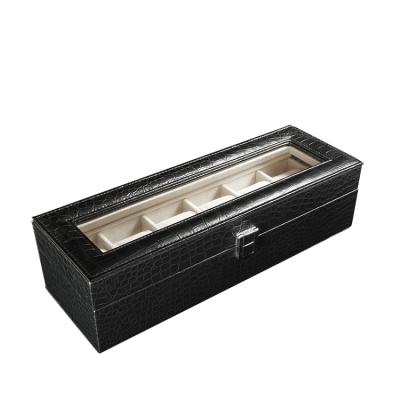 China Elegant Black Leather 6 Slots Wooden Watch Storage PU Watch Display Storage Box with Glass Lid and Lock for sale