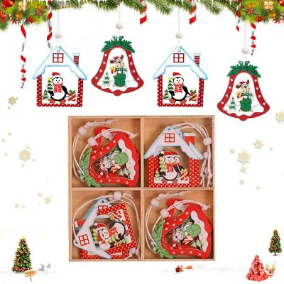 China 12PCS Wooden Wooden Hanging Ornaments Small Christmas Tree Wooden Craft Christmas Decoration for sale