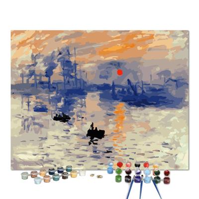 China Abstract Framed Digital Picture Canvas Painting Monet Sunrise DIY Paint By Numbers With Stretcher Frame for sale