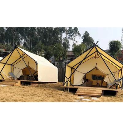 China Diagonal Tethering Type Custom Steel Frame PVC850g Waterproof Tarp Glamping Camp Tent For Resorts for sale