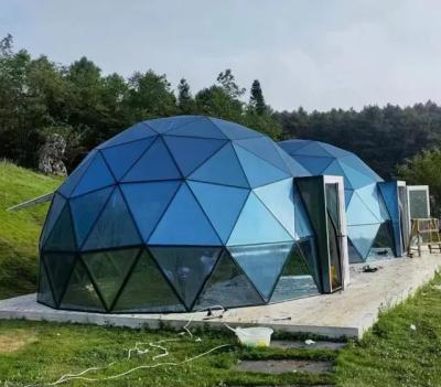 China Extended Type High Quality Outdoor Prefab Fiberglass Dome House Glamping 6M Glass Geodesic Dome With Bathroom for sale