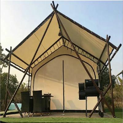 China Diagonal Tethering Type Popular Outdoor Hotel Resort Hotel Strong Waterproof Oxford Canvas Glamping Tent for sale