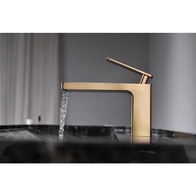 China Metered Faucets Wholesale Bathroom Brass Water Faucet Brush Gold Waterfall Mixer Basin Faucet for sale