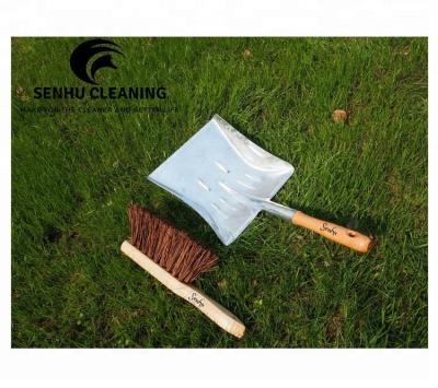 China Durable Iron Metal Dustpan With Wooden Sweep Brush for sale