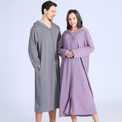 China Breathable Hot Sale Unisex Purple Long Robe Sleep Wear Bathrobe Men Women Summer Spring Solid Color Hooded Custom Zipper Hooded Long Robes for sale