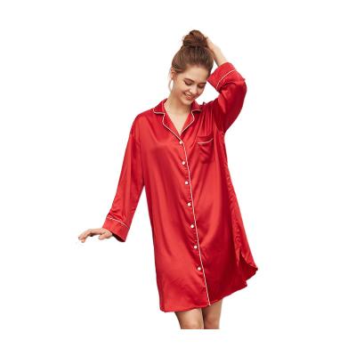 China QUICK DRY Women's Satin Long Sleeve Sleep Shirt Silk Nightgown Button Down Pajama Top Long Sleeve Red Sleep Shirts for sale