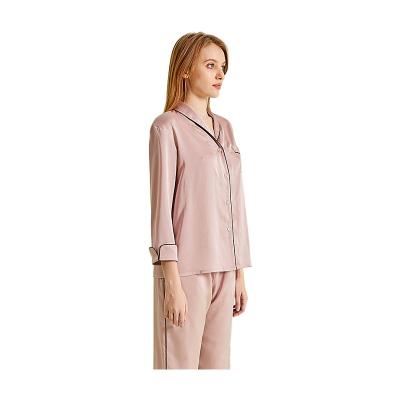 China QUICK DRY Women's Notched Two-Piece Imitated Silk Like Satin Pajamas Piping Decoration Shirts Pants Sets Woman for sale