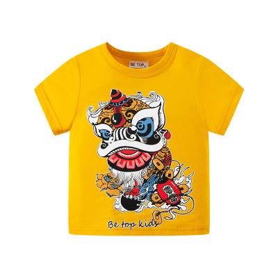 China 2022 summer Chinese style anti-shrink children's wear short pure country lion dance cotton O-neck sleeve fashionable yellow boy's T-shirt for sale