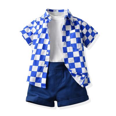 China Casual Kids Summer Blue Short Plaid Sets Cotton Button Down Shirt, White T-shirt, Knee-Length Suit Kids Shorts 3 Pcs Sets for sale