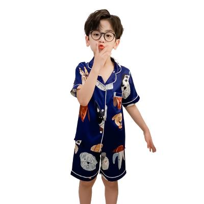 China Breathable boys animal printing short sleeve silk like home to wear short sleeve pajamas back print and white piping around the placket for sale