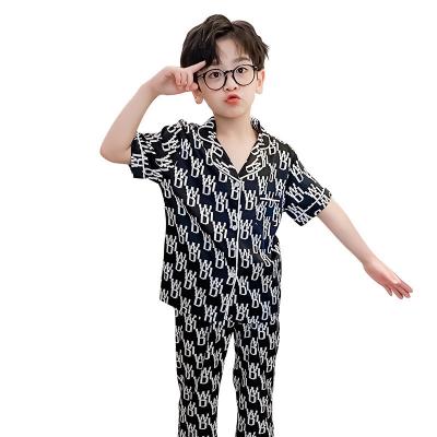 China Boys R ice printing pijamas new sleeve air conditioner breathable Korean silk black and white short children's home clothes set for sale