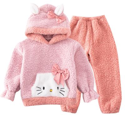 China 2022 New KT Pink Cat Fleece Girls Autumn/Winter Fleece Pajamas Thermal Coral Coral Fleece Pajamas Set Two-Piece Set for sale