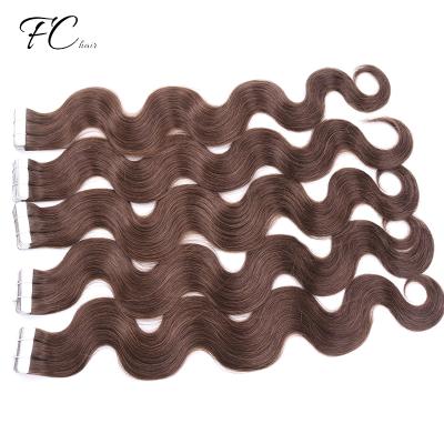 China Hot Selling Body Wave Hair Natural Long Lasting 100% Brown Tape In Hair Extension 100% European Remy Hair for sale