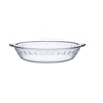 China Clear Sustainable Round Tempered Glass Bowl Dish With Heat Resistant Bakeware Handles for sale