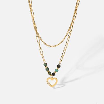 China Fashion Stainless Steel 14k Gold Plating True Heart Stacked Green Stone Pendant Necklace For Women And Girls for sale